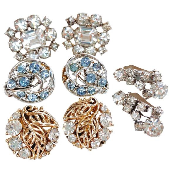 Vintage Mid Century Rhinestone Earrings Lot, Screw Back Clip On Cocktail Leaf - Picture 1 of 12